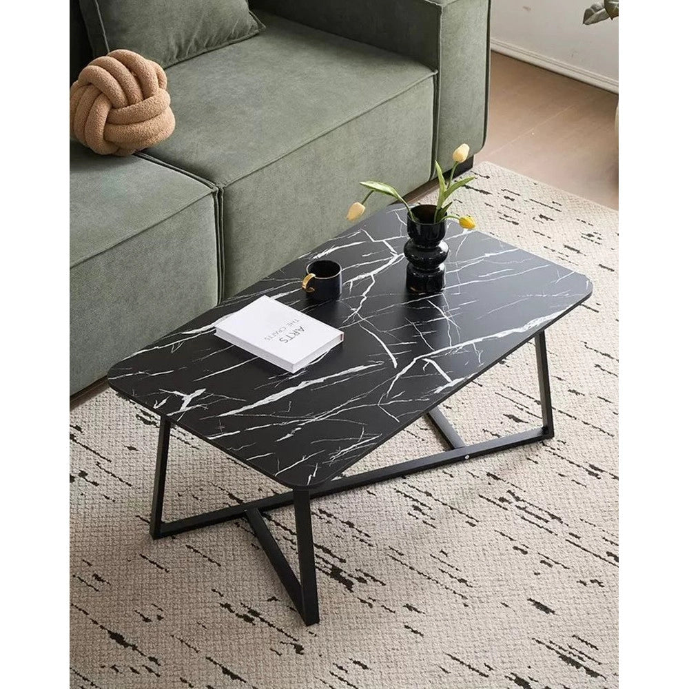 Trade Shop - Tavolino Rettangolare Basso Con Piano Effetto Marmo Gambe Incrociate Per Soggiorno Salotto -
