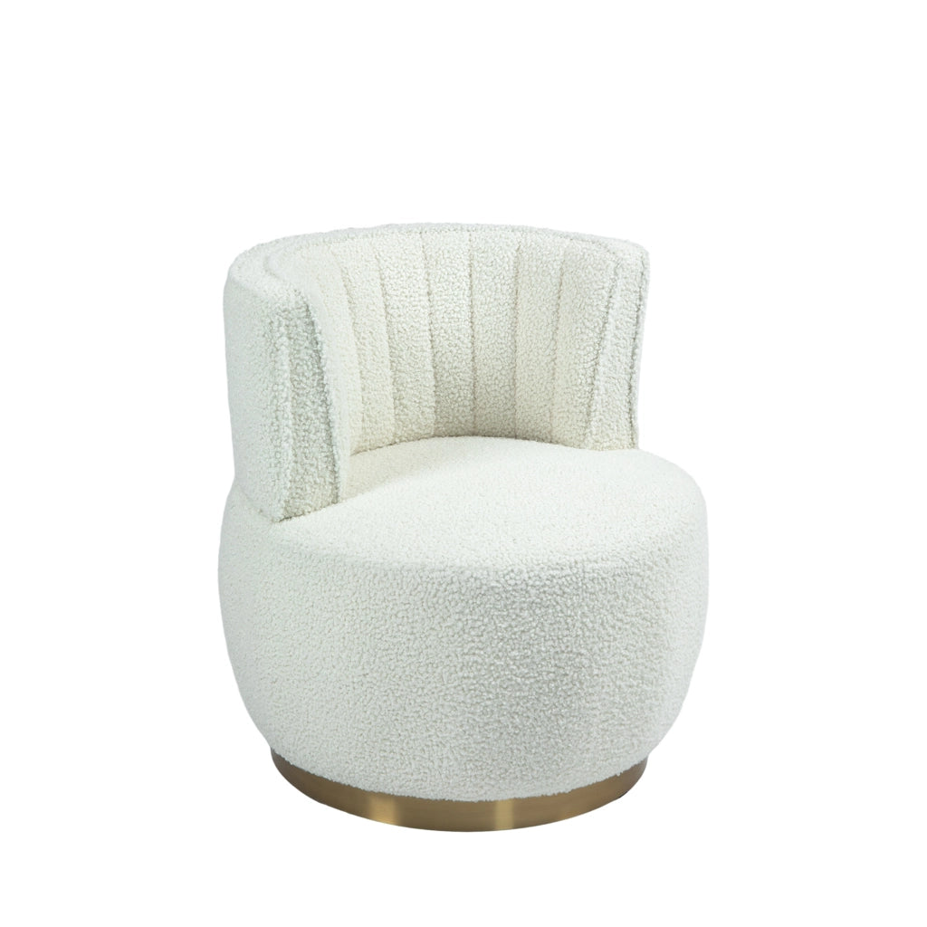 Poltrona girevole 360Â° con schienale ergonomico; seduta spessa e struttura in legno e metallo bianco