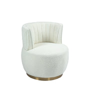 Poltrona girevole 360Â° con schienale ergonomico; seduta spessa e struttura in legno e metallo bianco
