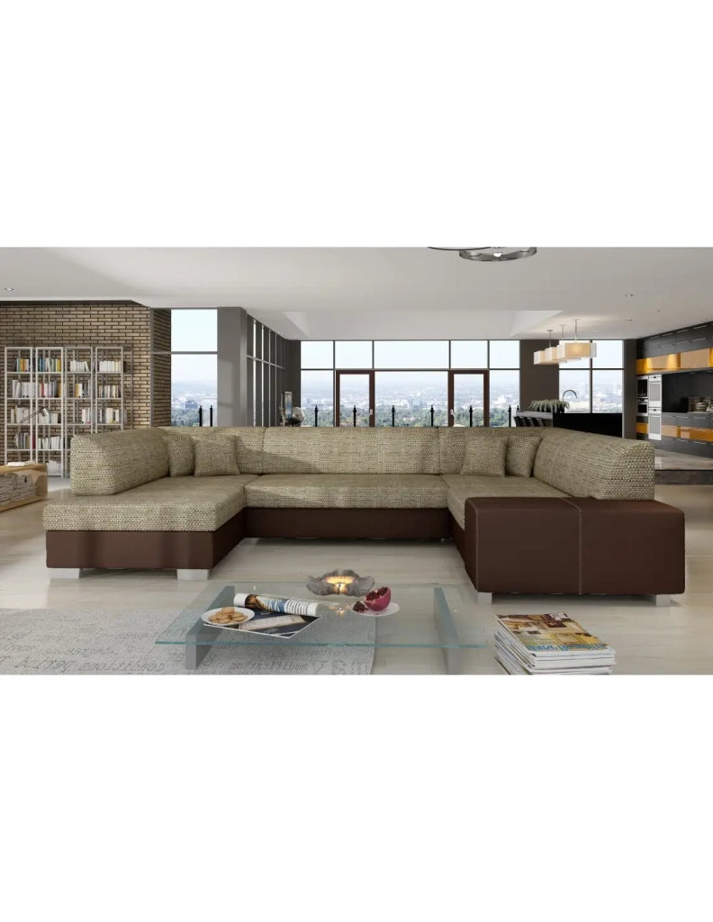 Divano panoramico a U Beige e cioccolato convertibile 6 posti HAVANA con ritorni panoramici