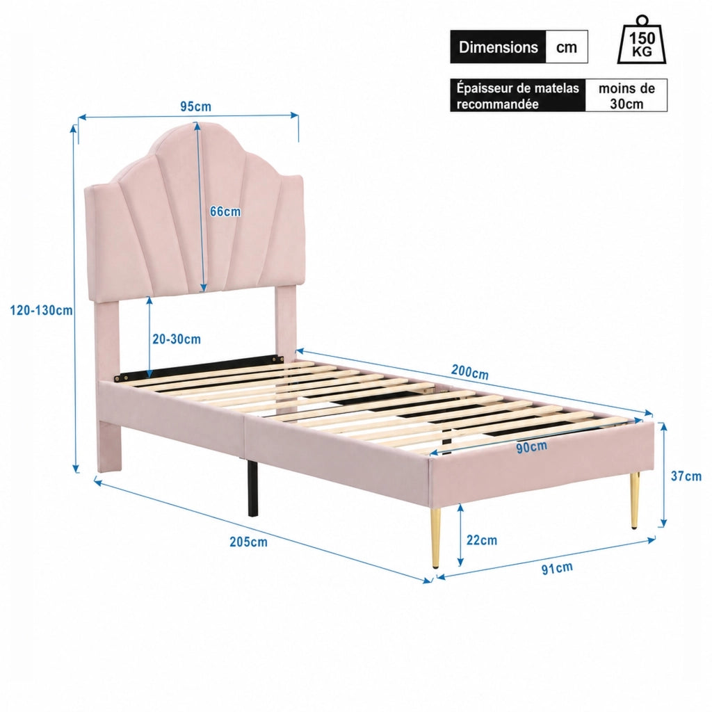 DESMIU Lit 90 × 200 cm 1 posto con testiera regolabile, senza materasso, in velluto, rosa