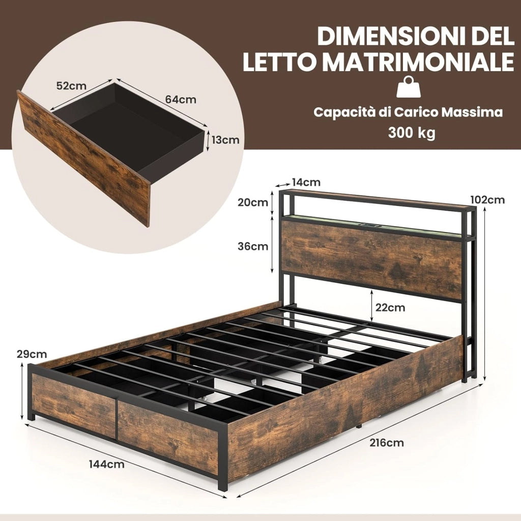 Letto Matrimoniale 140x200 cm, con 4 Cassetti e Testiera, Struttura Letto con Luci LED Regolabile e Presa Multipla, Carico Massimo 300kg, Silenzioso