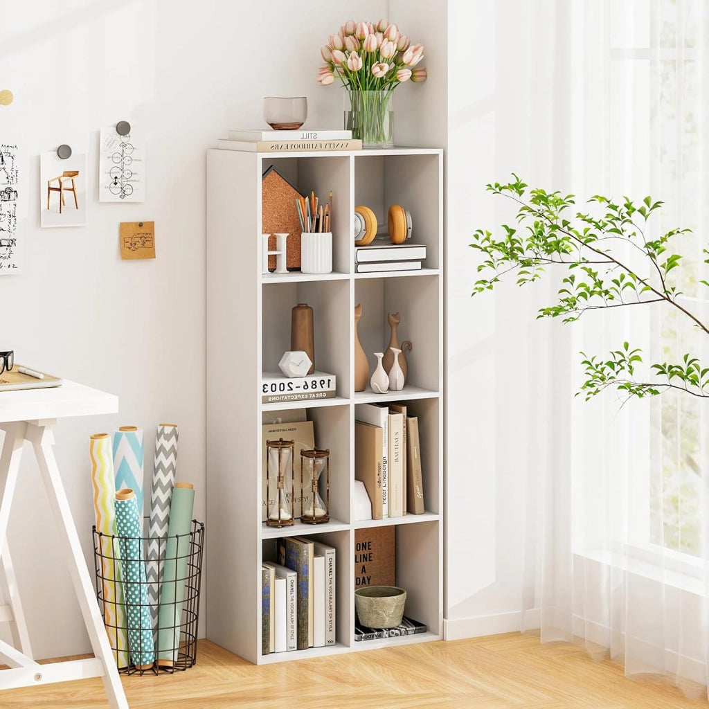 Libreria a 8 scomparti, scaffale autoportante con 2 fusibili ribaltabili, utilizzabile verticale/orizzontalmente, per soggiorno, studio, camera da letto, 121,5 x 29 x 61 cm (bianco)