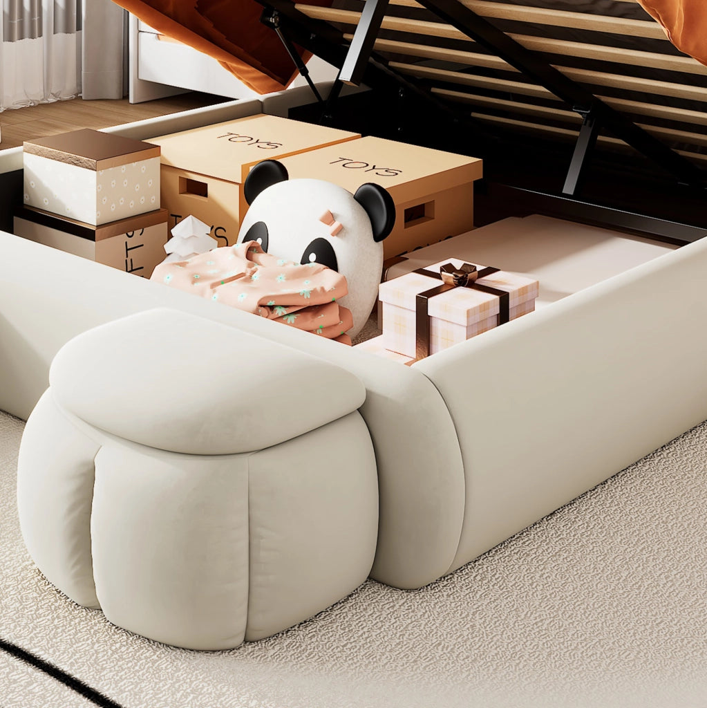 Letto imbottito beige 140x200 cm con LED, vano contenitore e 2 pouf