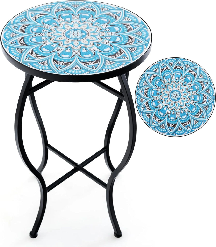 Tavolino per Esterno ed Interno, Tavolino Rotondo con Piano in Piastrelle di Ceramica e Gambe di Metallo, Tavolino Porta Piante da Balcone, Giardino e Salotto