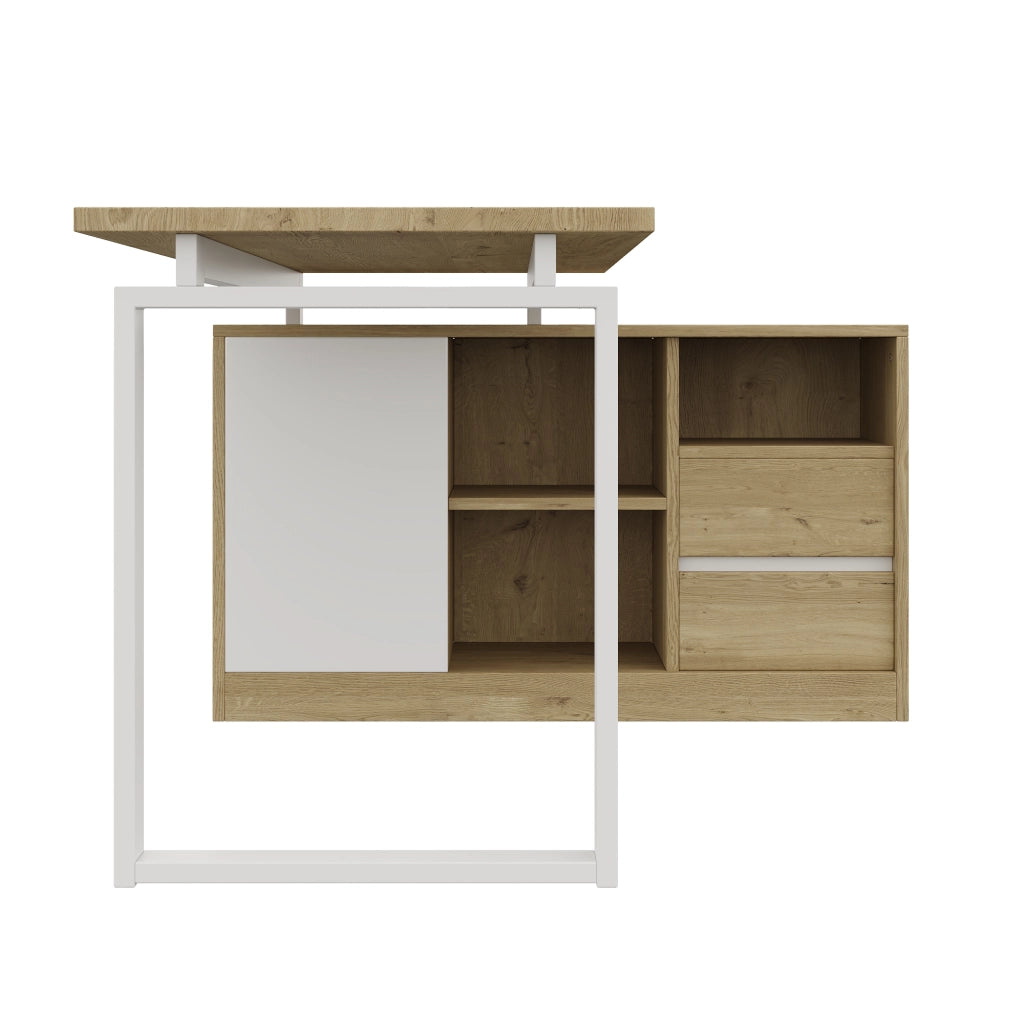 Scrivania Angolare con Cassetti e Ripiani ¨C MINIMAL ¨C Legno Naturale e Bianco 152x113x76