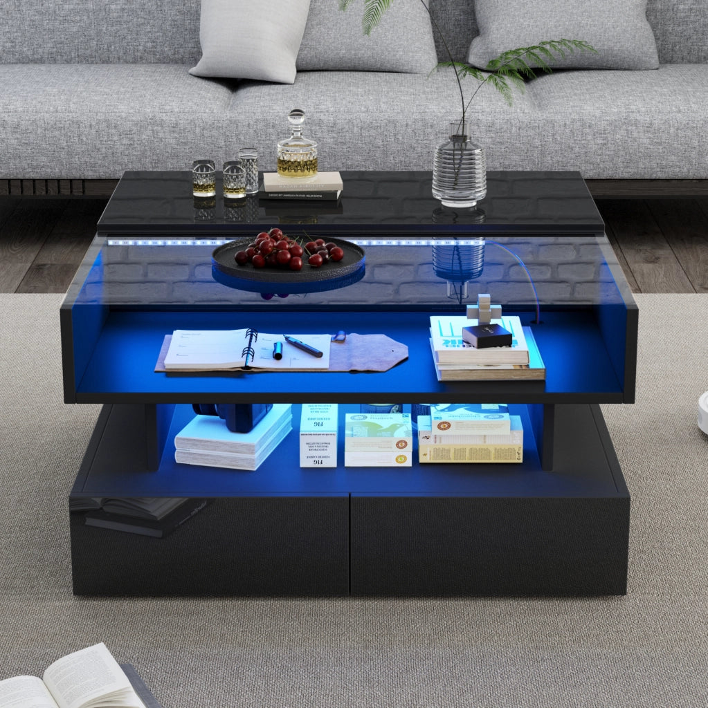 Tavolino da salotto nero 80x80 cm con piano elevabile, LED e 2 cassetti