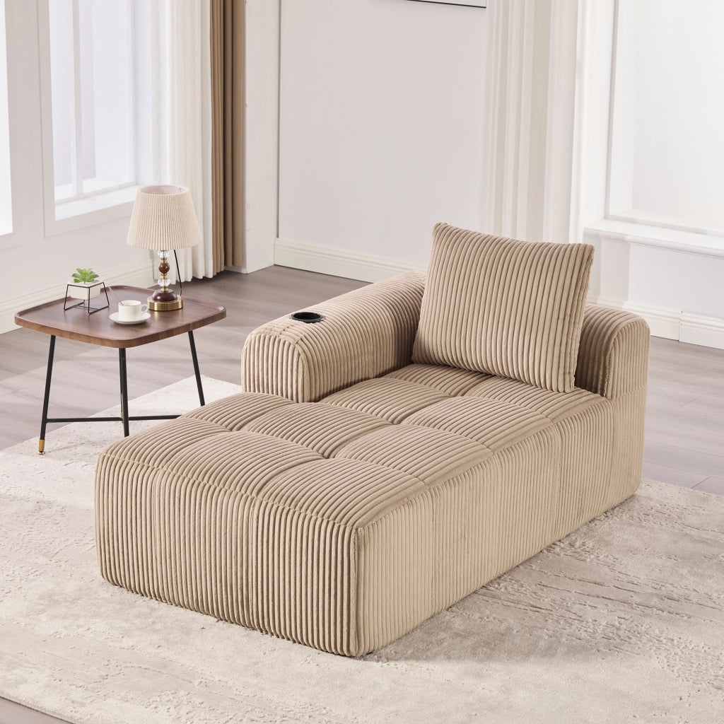 Fauteuil relax in tessuto corduroy con tasche laterali e portabicchieri, imbottitura in schiuma, compatto kaki