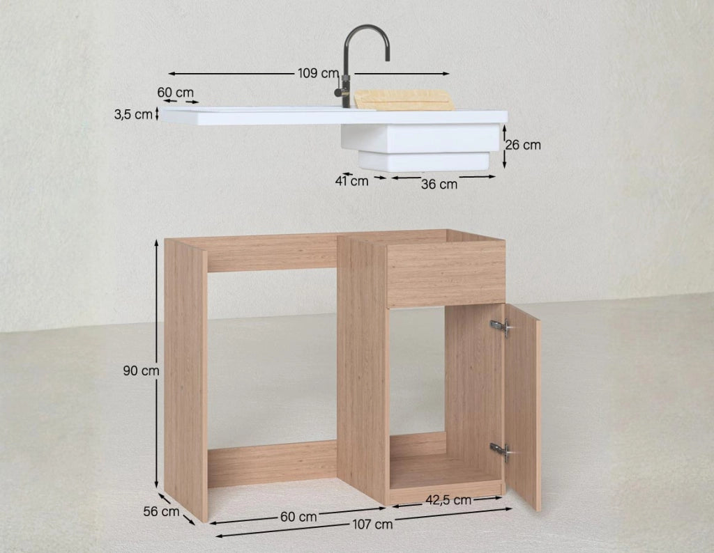 Mobile coprilavatrice Brilla Sx - Con 1 anta e lavatoio  Contenitore salvaspazio per bagno e lavanderia - Lavatrice non inclusa - Bianco - 109x93x60 cm_