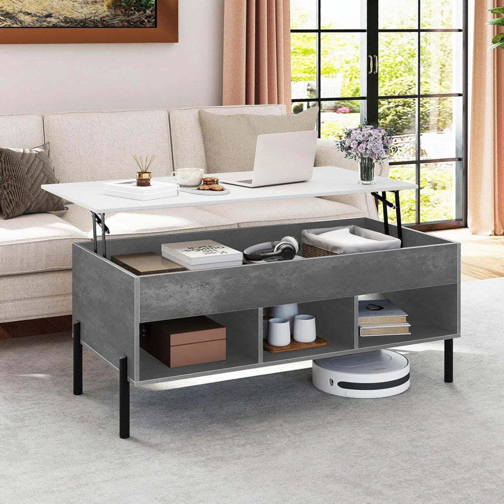 Tavolino da Caffè Sollevabile, Tavolo da Salotto con Piano Sollevabile, Ampio Comparto Nascosto, 3 Scomparti Aperti e Gambe in Metallo, Ideale per Salotto e Ufficio (Grigio)