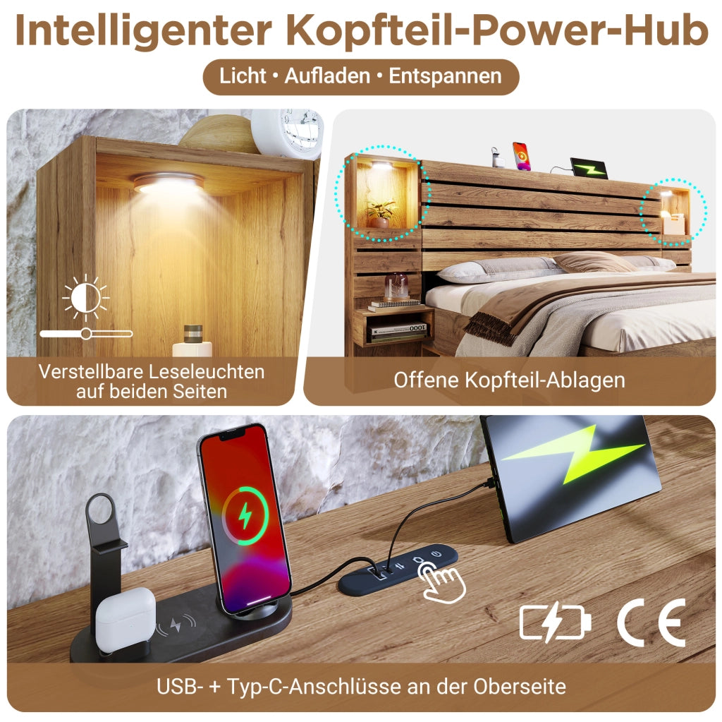 Letto matrimoniale 180x200 cm con LED; porte USB e Type-C; contenitore; effetto rovere