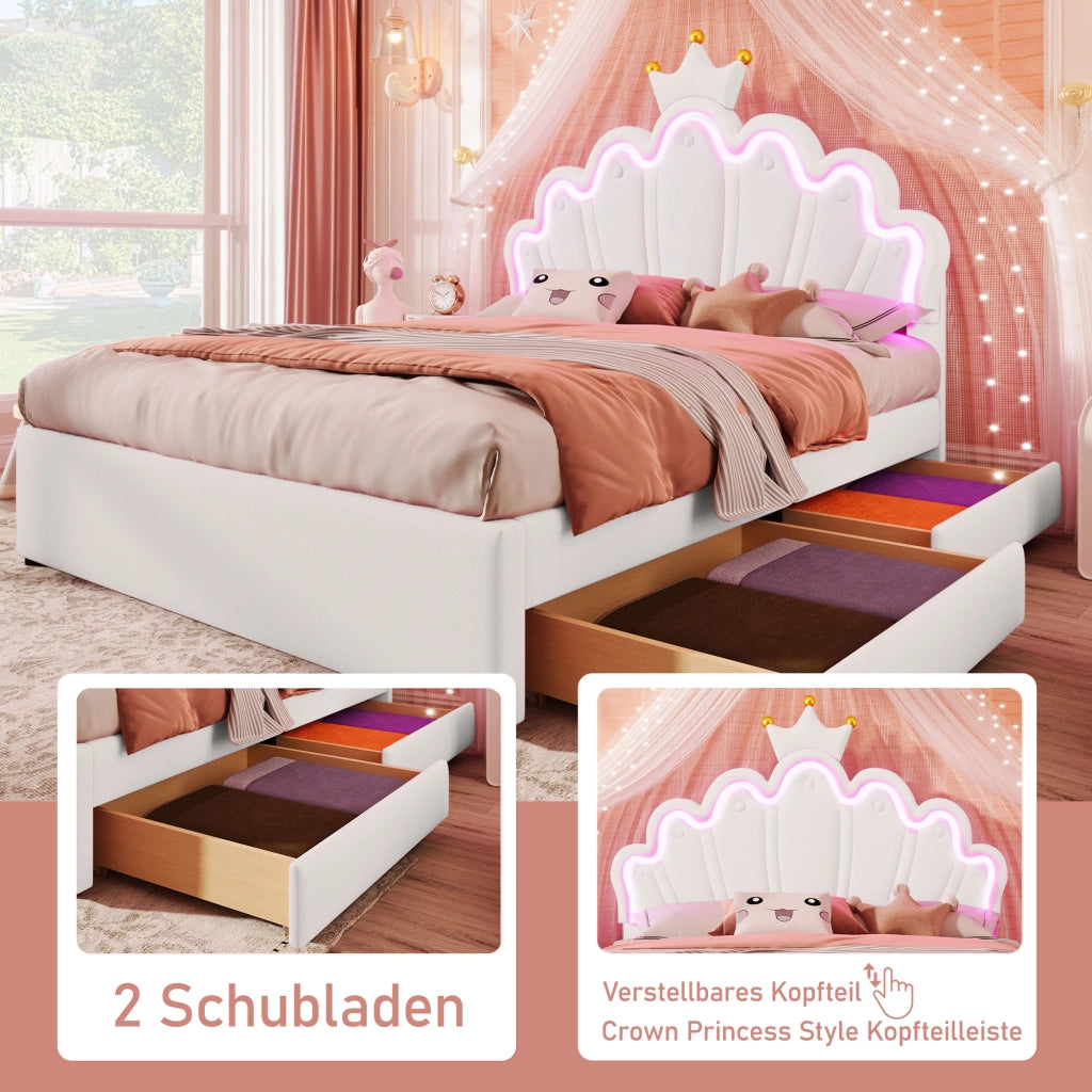OKWISH Letto Con Cassetti 140×200 cm, Letto Matrimoniale con LED Regolabile, 2 Cassetti e Testiera Regolabile, senza Materasso, PU, Bianco