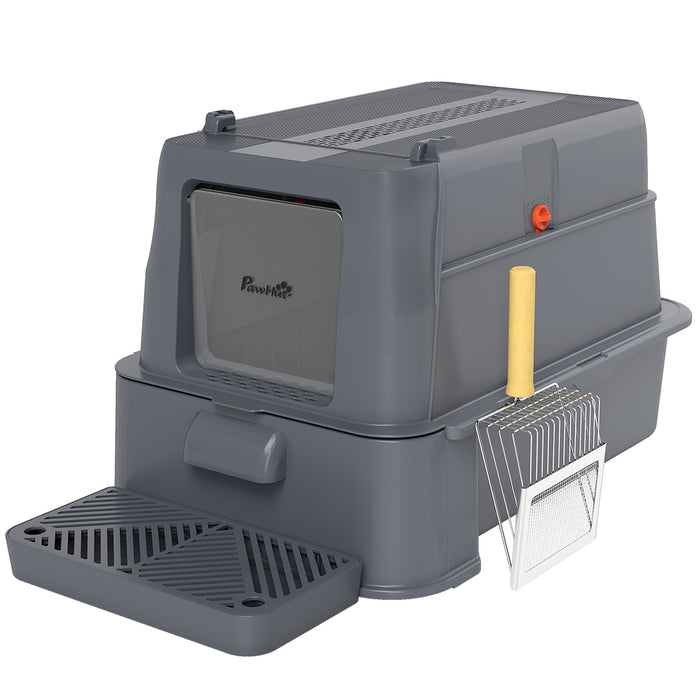 Lettiera per Gatti Chiusa 63x43x43 cm Capacità da 80L con Vassoio Estraibile in ABS e Acciaio Inox Grigio Scuro