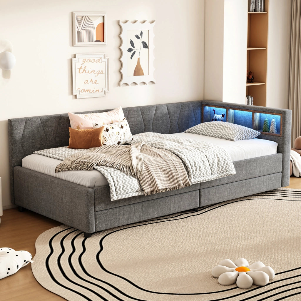 Letto singolo 90×200 cm con LED; USB e Type-C; 2 cassetti e ripiani; senza materasso; lino; grigio