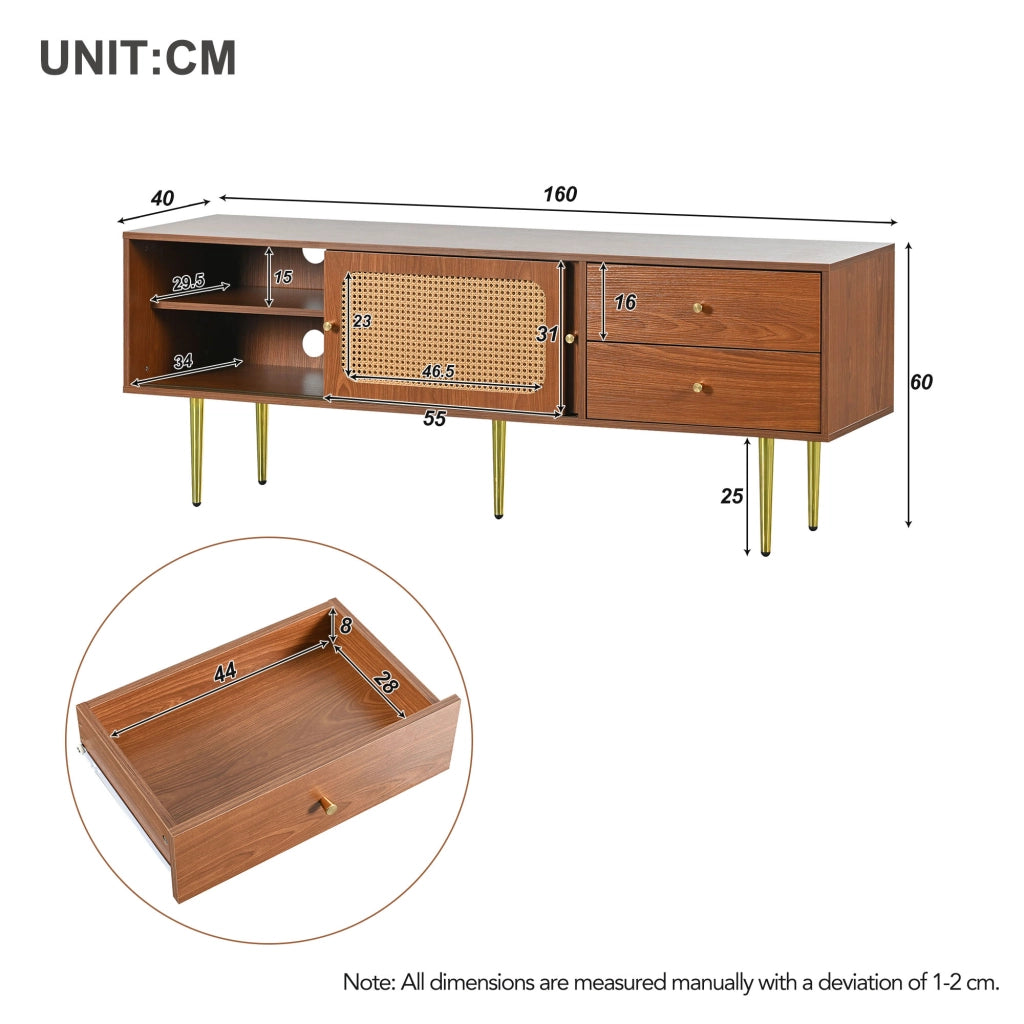 Mobile porta TV con ante scorrevoli in rattan, 2 cassetti, 4 vani e ripiani regolabili, MDF noce 160 × 40 × 60 cm