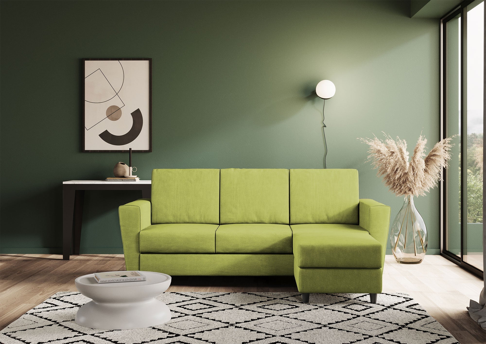 Divano 3 Posti con Pouf 212x155x85 cm Yasel in Tessuto Verde