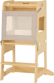 Tavolo di apprendimento in legno per bambini con rete di protezione rimovibile - altezza regolabile da 3 cm - stile Montessori - con mattonelle antiscivolo - adatto da 1 anno - scala per bambini