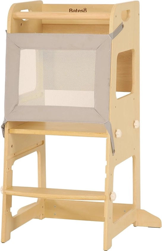 Tavolo di apprendimento in legno per bambini con rete di protezione rimovibile - altezza regolabile da 3 cm - stile Montessori - con mattonelle antiscivolo - adatto da 1 anno - scala per bambini