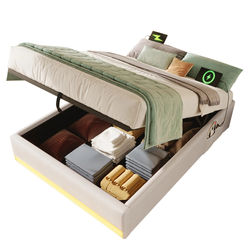 Letto imbottito 90x200 cm con LED; USB e Tipo-C; contenitore idraulico in lino beige