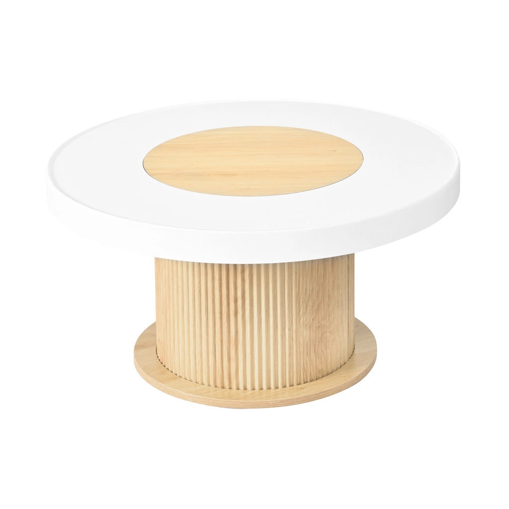 Tavolino da caffè 75x75x39 cm con piano rotondo bicolore e base cilindrica scanalata in MDF e PVC naturale e bianco