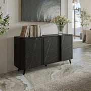 Credenza Loreo, Madia da salotto con tre ante battenti e vani interni, Rialzata da terra, 151x42 h70 cm, Marmo e Nero