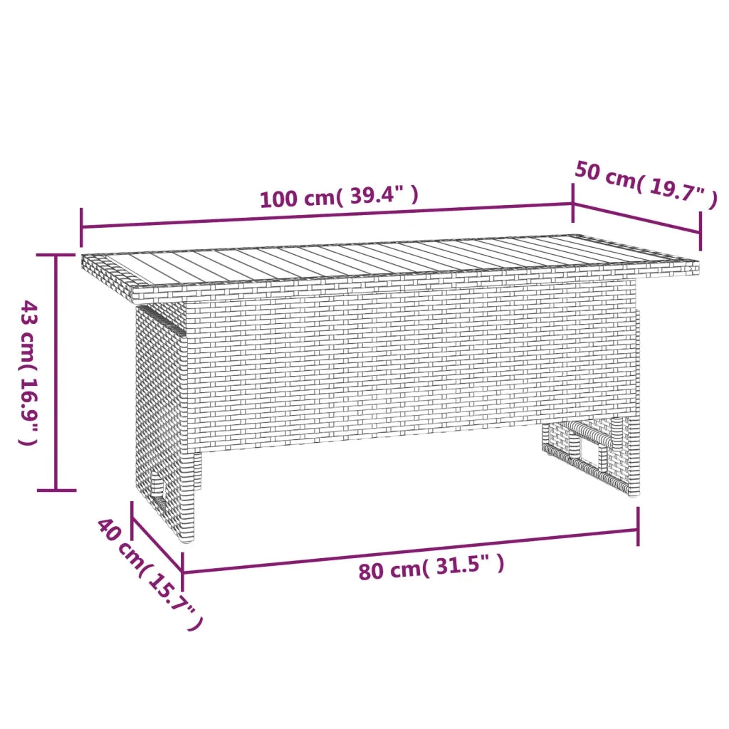 Tavolo Giardino | Tavolino da esterno Nero 100x50x43/63cm Massello Acacia Polyrattan