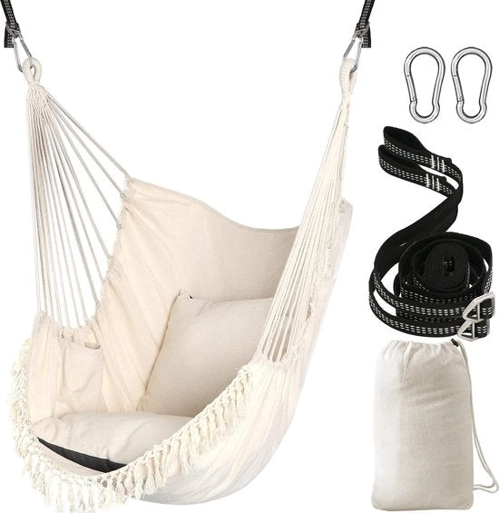 Sedia a sospensione, 150 kg, con 2 anelli in acciaio, cuscino di rattan, frange, sedia a sospensione, sedile oscillante, giardino, interna, resistente alle intemperie, idrorepellente, grigio