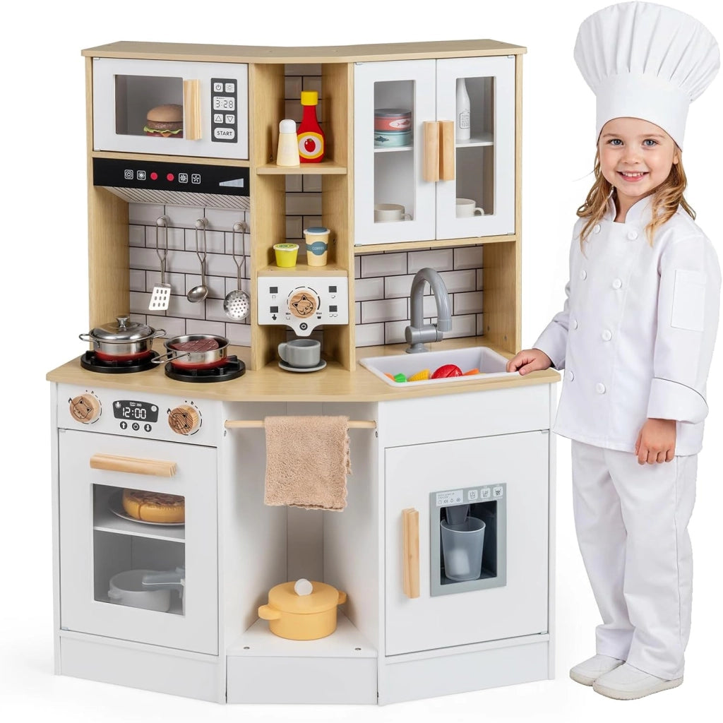 Cucina Giocattolo per Bambini, Cucinetta in Legno con Suoni e Luci, Fornello, Lavandino, Macchina del Caffè, Gioco Cucina di Ruolo per Bambini 3+ Anni (Grigio)