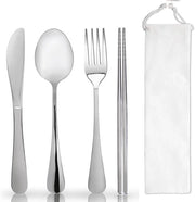 Set da viaggio, set da tavola portatile per il lavoro, set da viaggio in acciaio inossidabile riciclabile, set di forchetta e cucchiaio per campeggio e picnic, gadget - argento