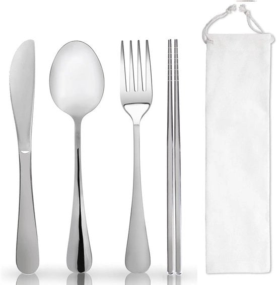 Set da viaggio, set da tavola portatile per il lavoro, set da viaggio in acciaio inossidabile riciclabile, set di forchetta e cucchiaio per campeggio e picnic, gadget - argento