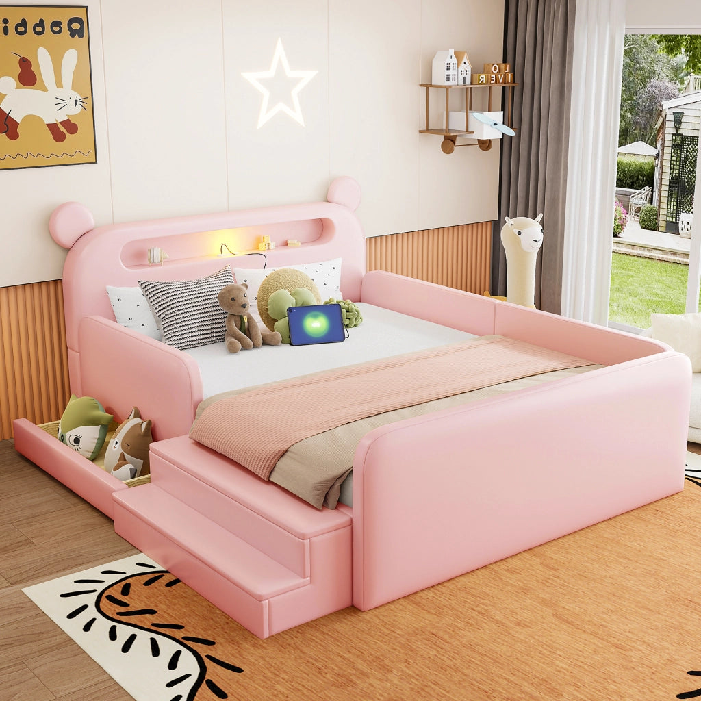 Letto imbottito per bambini con testiera a orso e USB, 140x200 cm, rosa