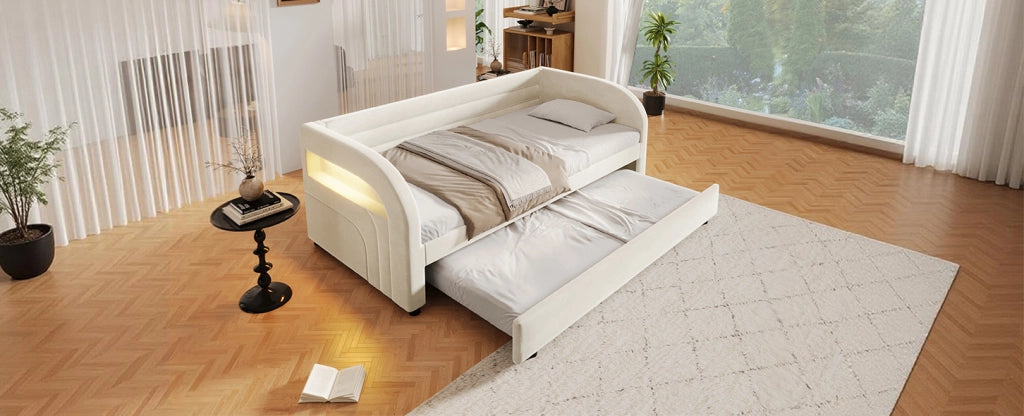Letto imbottito ULEVR 90x200 cm con letto estraibile e illuminazione LED multicolore, beige
