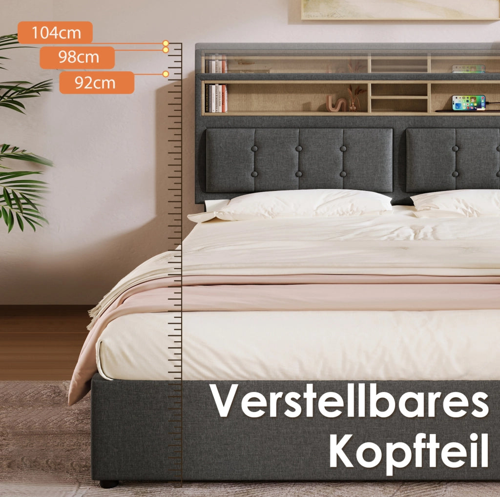 Letto imbottito 160x200 cm con USB-C e contenitore