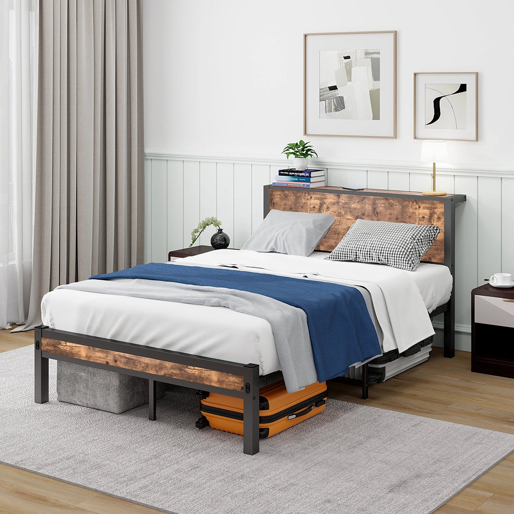 Letto metallo-Xylo-140x200 cm-testiera, contenitore, base piattaforma, marrone