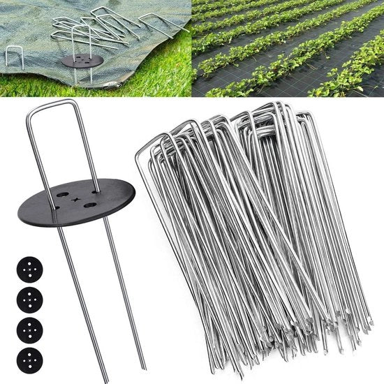 Nietti per prato finto e anti-erbetta - 100 aghi + 16 anelli di chiusura - aghi per prato finto per suolo duro - chiodi per giardino per ancoraggio - Ø3mm - metallo galvanizzato