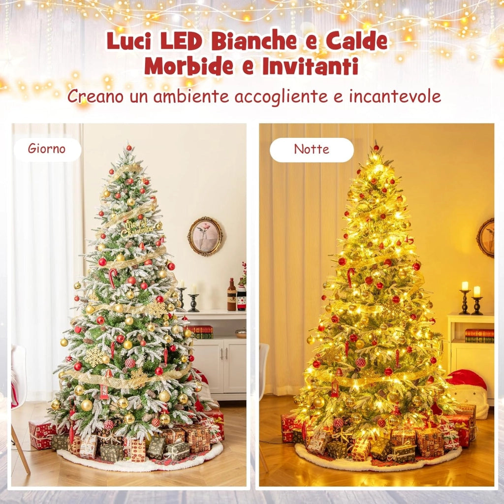 Albero di Natale Artificiale Pre-Luminoso 225 CM, Albero di Natale Innevato con 470 Luci LED Bianche Calde, 1135 Punte, 81 Pigne e Base Metallica (225 CM)