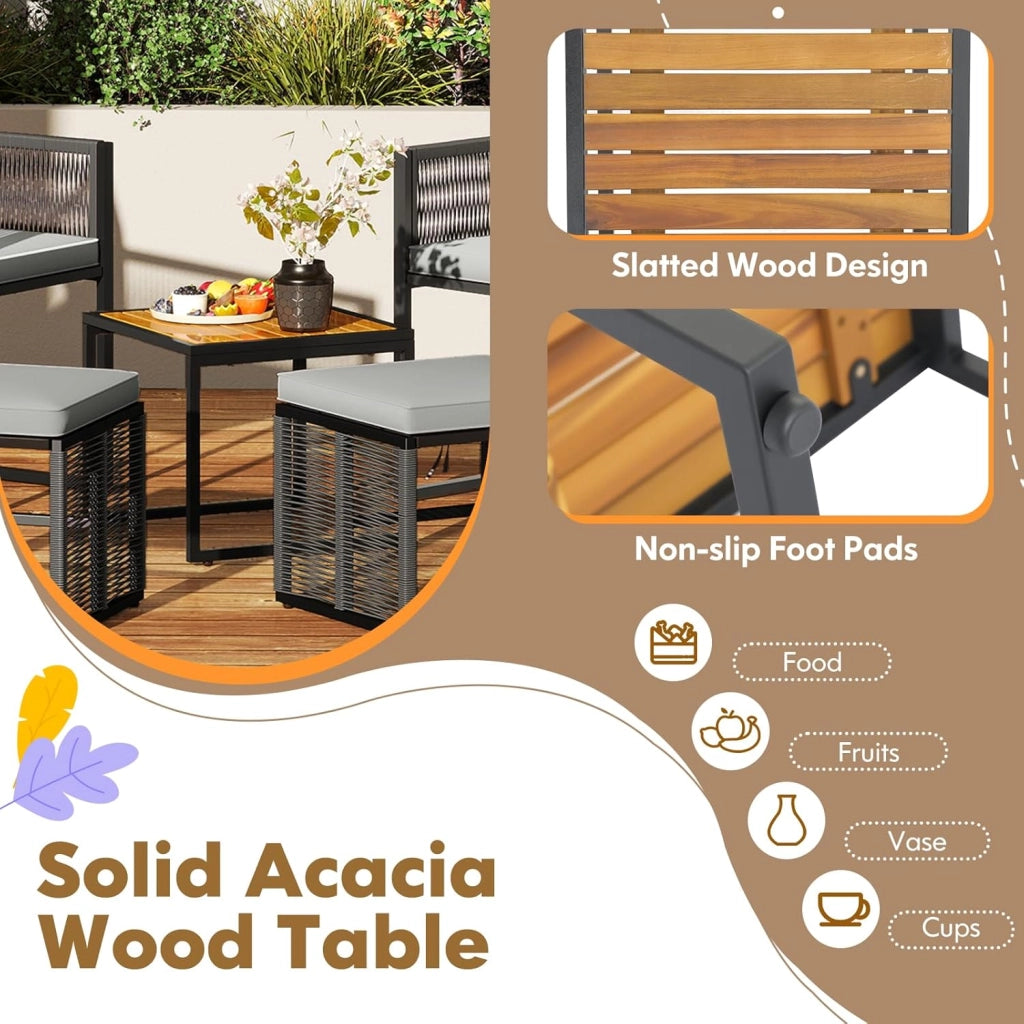 Set di Mobili da Giardino in Rattan per 2-4 Persone, Tavolo da Giardino con Piano in Legno e 2 Sedie (Capacità 180 kg), 2 Sgabelli, 4 Cuscini Rimuovibili, Arredamento da Giardino per Patio