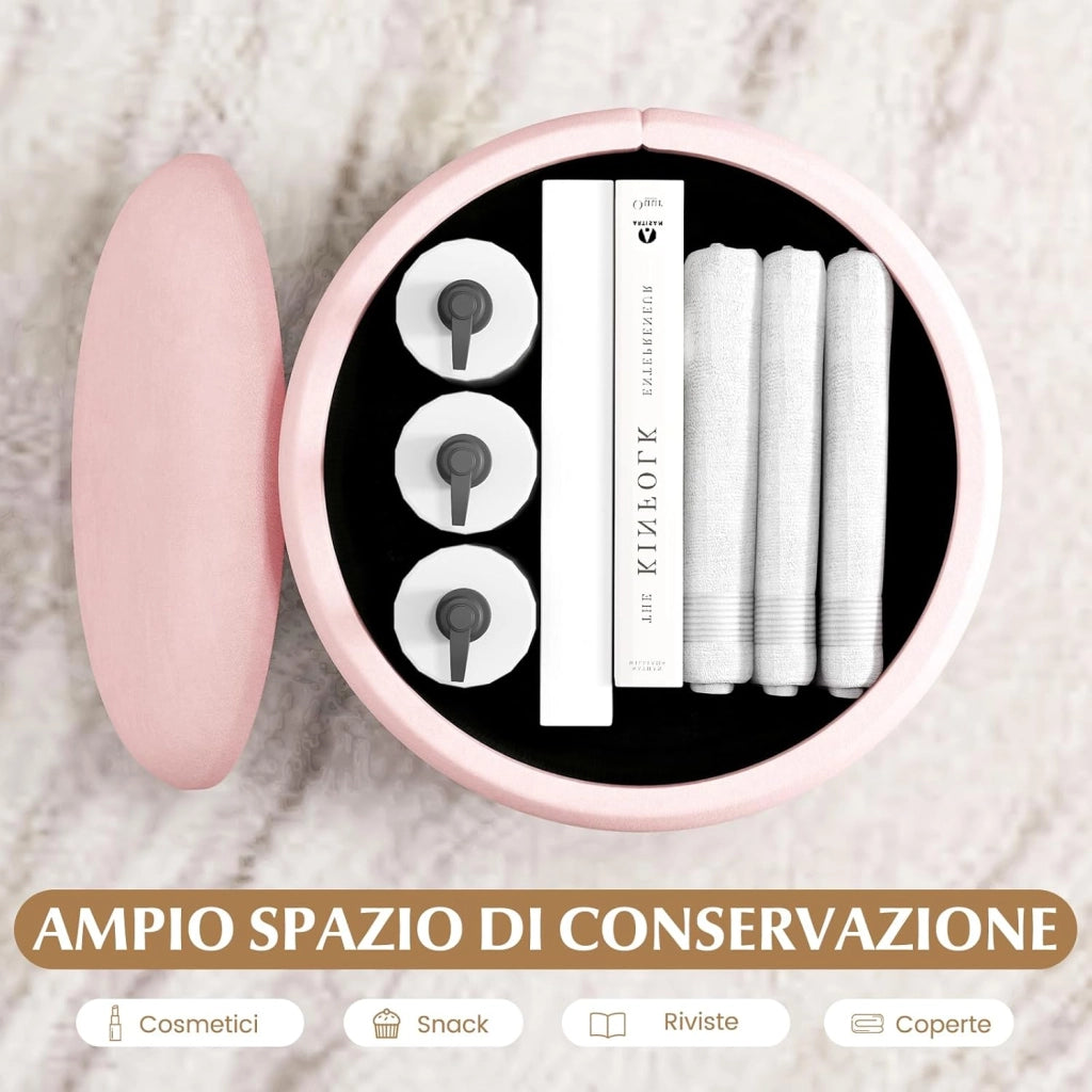 Set di 2 Pouf Contenitore in Velluto, Pouf Rotondi Imbottiti da 32L +21L, Sgabelli con Contenitore per Soggiorno, Camera da Letto, Portata 150 kg (Rosa)