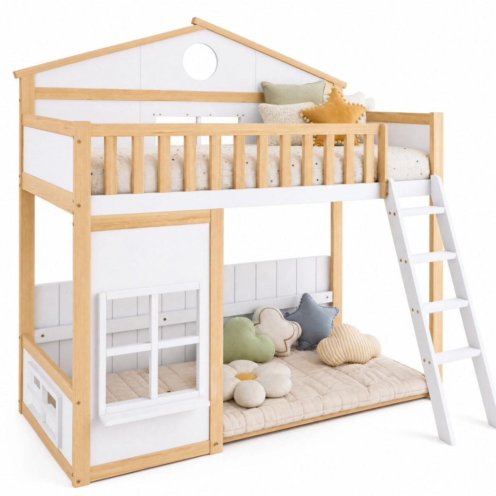 Letto a castello casa 90x200 cm con scala, bianco/naturale