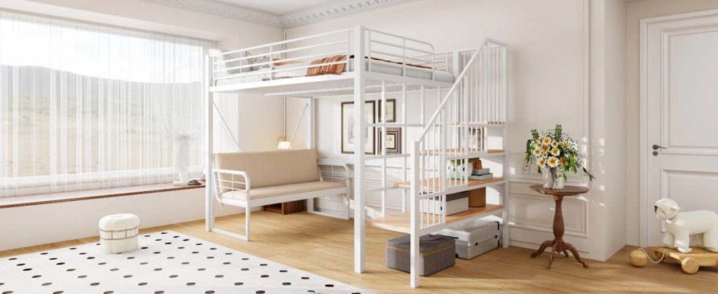 DESMIU Letto a castello 140 × 200 cm 3 posti con scala contenitore e divano sfoderabile, senza materasso, bianco