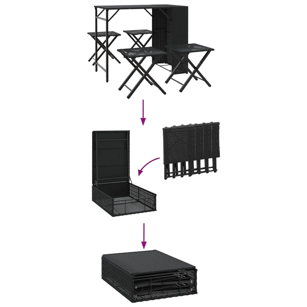 Set da Pranzo da Giardino Pieghevole 5 pz Nero in Polyrattan