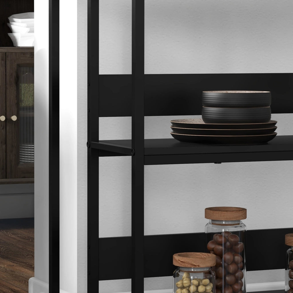Isola da Cucina con Mensole, Piano Effetto Marmo 100x50x90 cm Struttura in Metallo Nero e Bianco