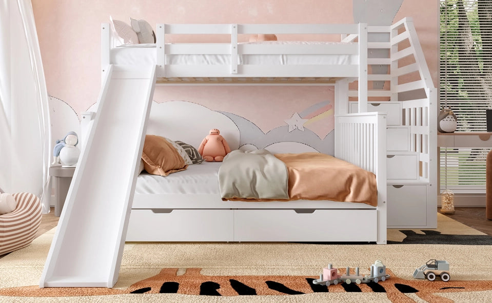 Letto a castello multifunzionale bianco 90x200 su 140x200 con scivolo e cassetti