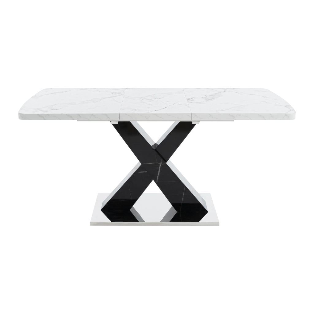 Tavolo allungabile da pranzo rettangolare con piano effetto marmo bianco e gambe nere a X, per sala da pranzo