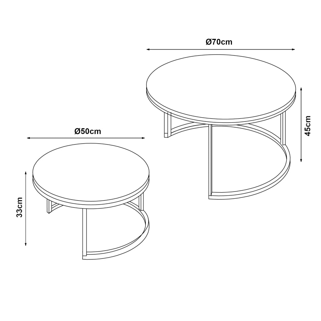 Set di 2 tavolini rotondi impilabili effetto marmo bianco nero e oro 03_0010597