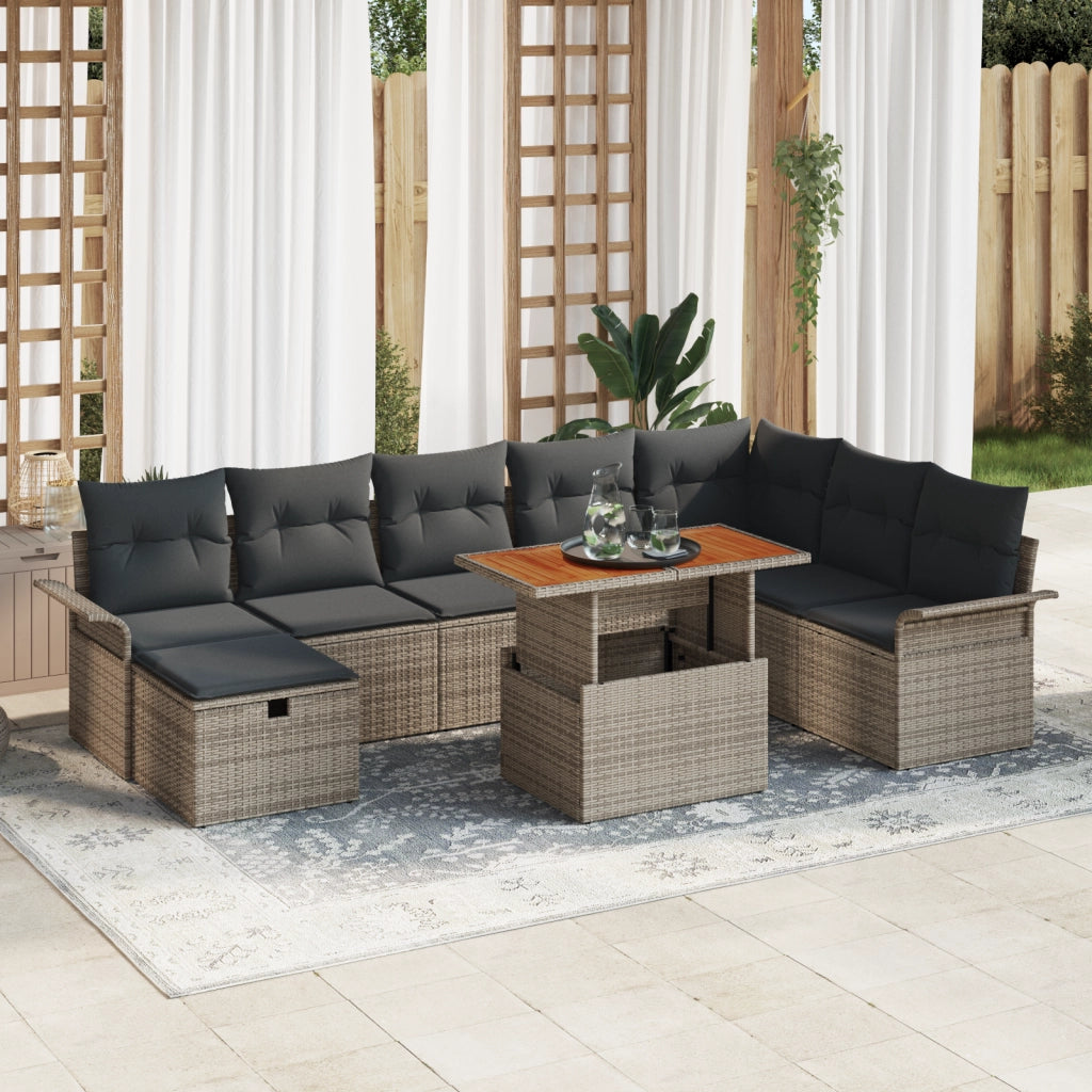 Set Divano Giardino 9 Pezzi con Cuscini Grigio Poly Rattan