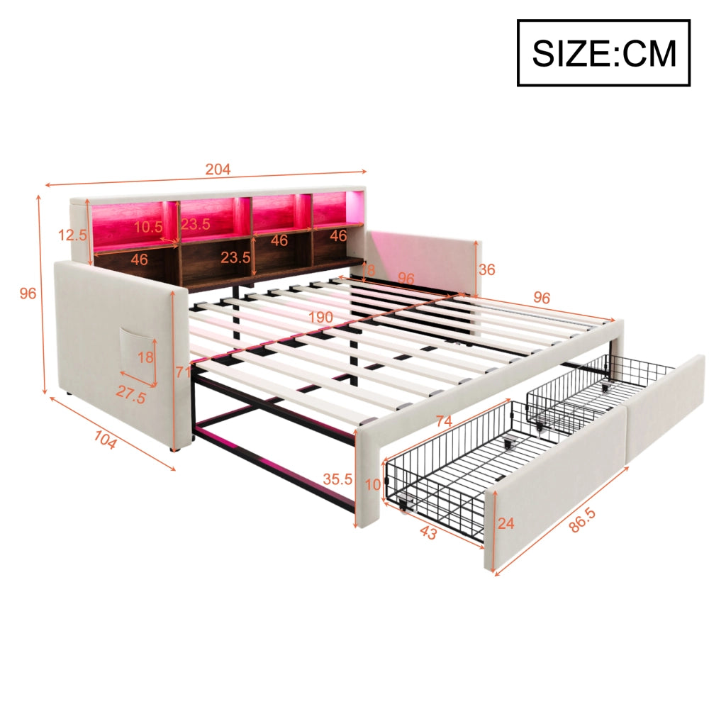 OKWISH Letto Divano, Letto Singolo con Estensione Estraibile, 2 Cassetti, LED, USB e Tipo C, 90 x 190 cm, senza Materasso