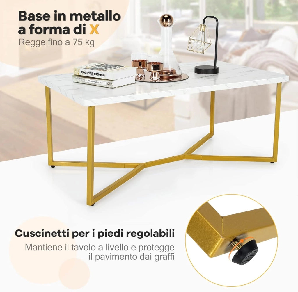 Tavolino da Salotto, Tavolino da Caffè Rettangolare con Effetto Marmo Bianco Lucido, 107 x 60 x 45,5 cm