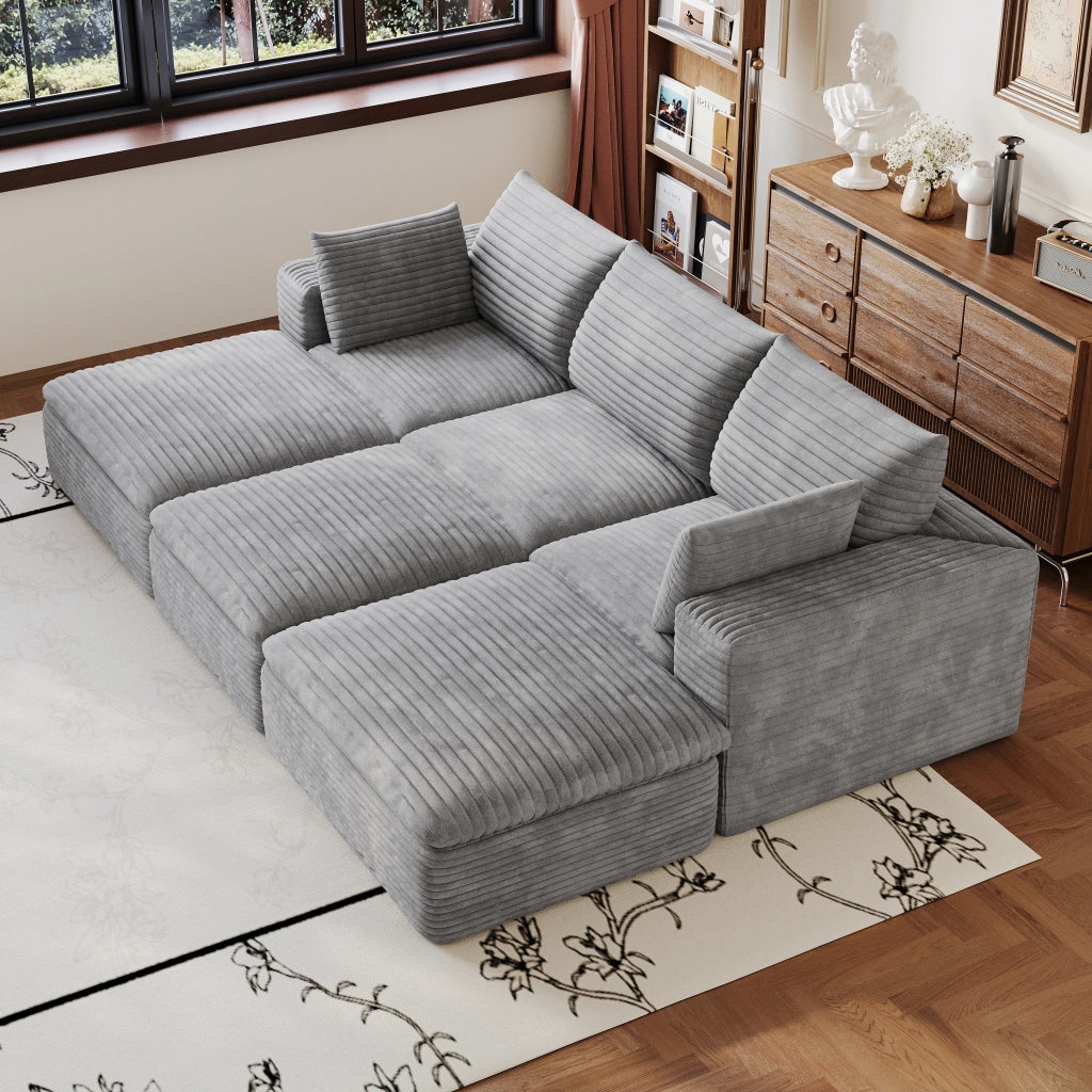 Divano modulare in tessuto grigio con imbottitura in schiuma e design componibile