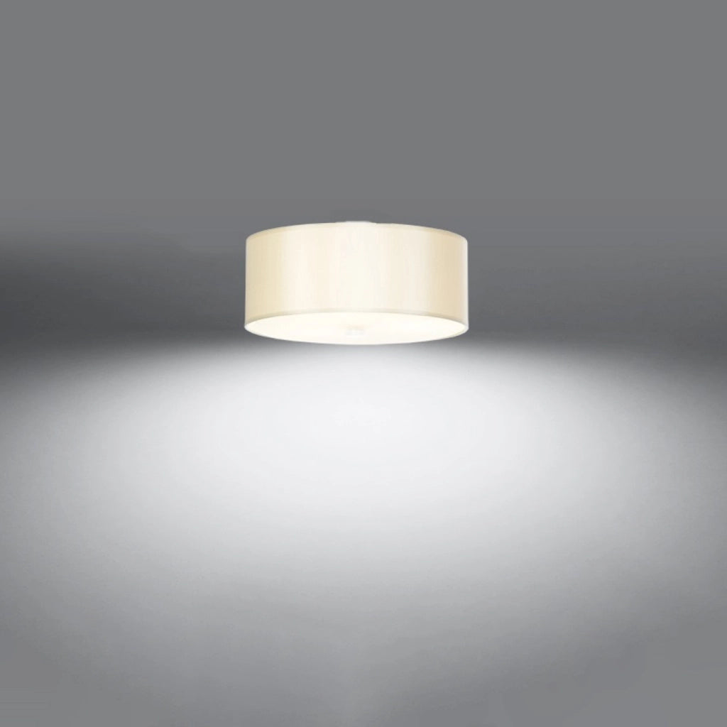 Lampadario da soffitto rotondo a 3 luci della serie SKALA, tessuto bianco, vetro e acciaio